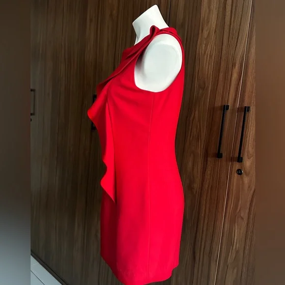 Calvin Klein Red Formal Classy Midi Length Sheath Fitted Ruffle Front Size 8 - Picture 5 of 11